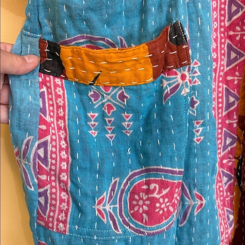 Handmade India Kantha Stitch Cotton Floral Contrast Tie Pockets Duster Cardigan - Picture 15 of 17